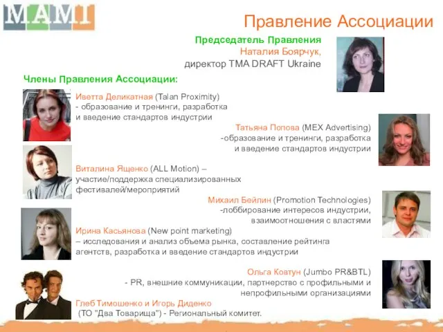 Правление Ассоциации Председатель Правления Наталия Боярчук, директор TMA DRAFT Ukraine Иветта Деликатная