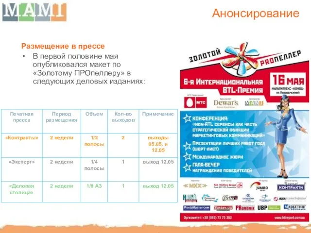 Анонсирование Размещение в прессе В первой половине мая опубликовался макет по «Золотому