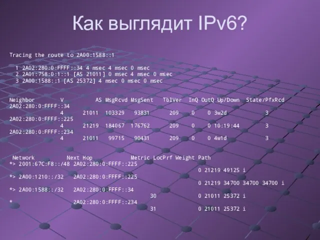 Tracing the route to 2A00:1588::1 1 2A02:280:0:FFFF::34 4 msec 4 msec 0