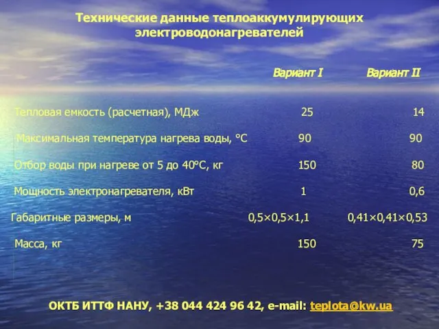 ОКТБ ИТТФ НАНУ, +38 044 424 96 42, e-mail: teplota@kw.ua Технические данные