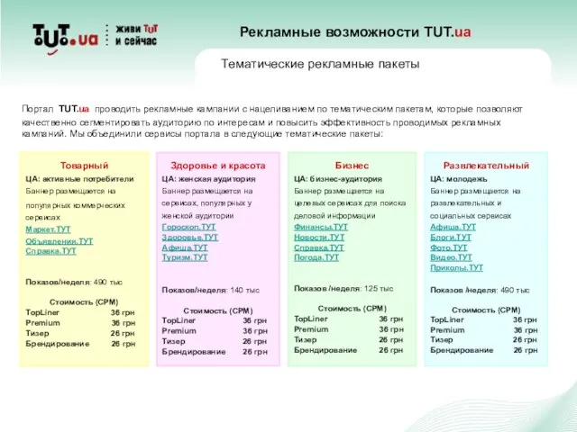 Портал TUT.ua проводить рекламные кампании с нацеливанием по тематическим пакетам, которые позволяют