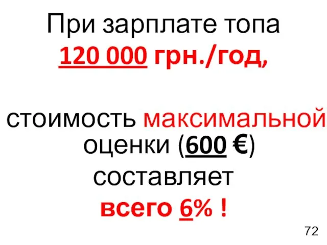 При зарплате топа 120 000 грн./год, стоимость максимальной оценки (600 €) составляет всего 6% !