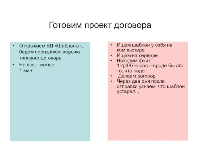 Готовим проект договора Открываем БД «Шаблоны», берем последнюю версию типового договора На