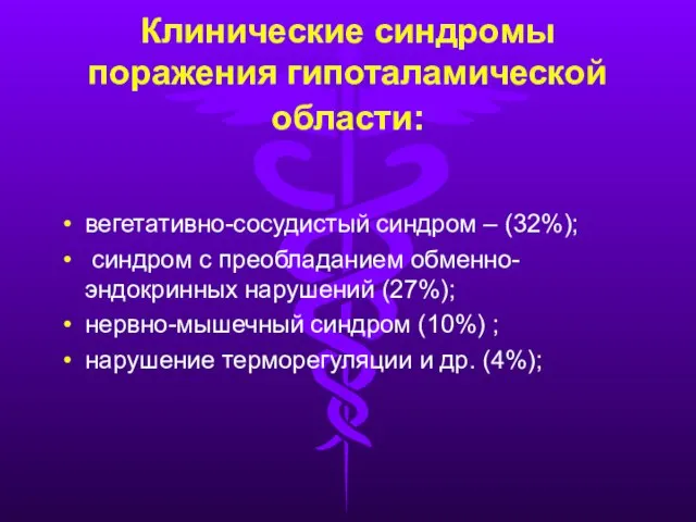 Клинические синдромы поражения гипоталамической области: вегетативно-сосудистый синдром – (32%); синдром с преобладанием