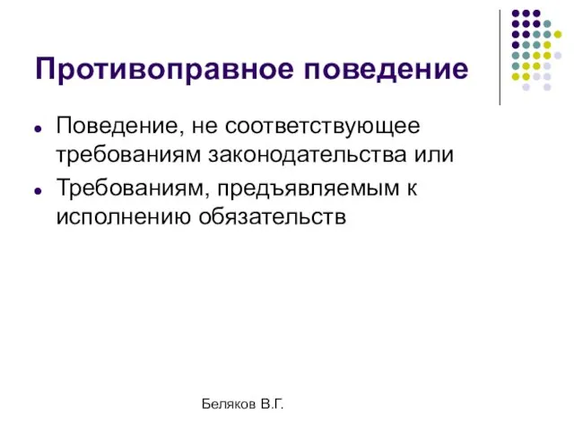 Беляков В.Г. Противоправное поведение Поведение, не соответствующее требованиям законодательства или Требованиям, предъявляемым к исполнению обязательств