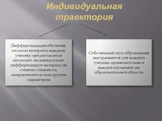 Индивидуальная траектория Дифференциация обучения, согласно которой к каждому ученику предполагается подходить индивидуально,