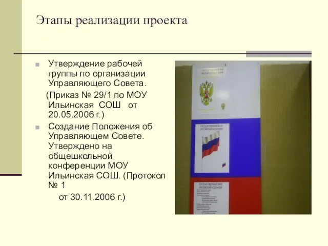 Этапы реализации проекта Утверждение рабочей группы по организации Управляющего Совета. (Приказ №