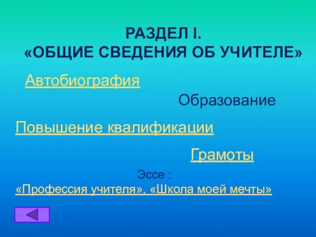 Автобиография Образование Повышение квалификации Грамоты РАЗДЕЛ I. «ОБЩИЕ СВЕДЕНИЯ ОБ УЧИТЕЛЕ» Эссе