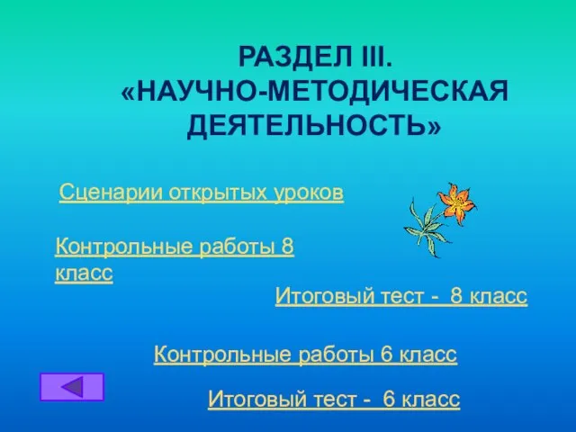 Сценарии открытых уроков РАЗДЕЛ III. «НАУЧНО-МЕТОДИЧЕСКАЯ ДЕЯТЕЛЬНОСТЬ» Итоговый тест - 8 класс