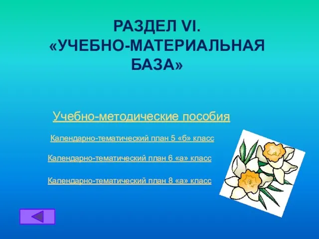 Учебно-методические пособия РАЗДЕЛ VI. «УЧЕБНО-МАТЕРИАЛЬНАЯ БАЗА» Календарно-тематический план 5 «б» класс Календарно-тематический