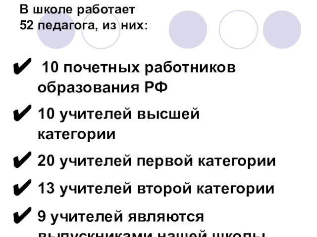 В школе работает 52 педагога, из них: 10 почетных работников образования РФ