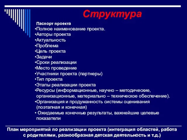 Структура Паспорт проекта Полное наименование проекта. Авторы проекта Актуальность Проблема Цель проекта