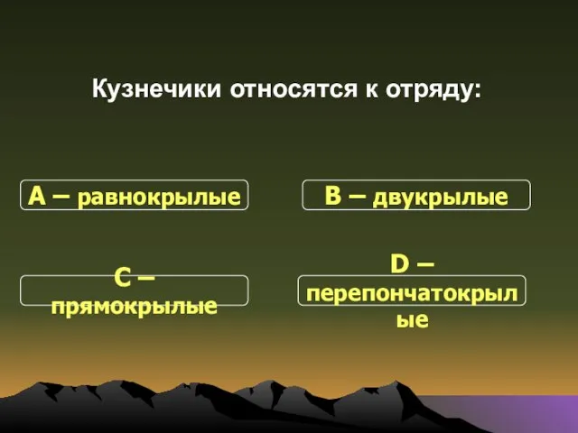 Кузнечики относятся к отряду: С – прямокрылые В – двукрылые D – перепончатокрылые А – равнокрылые