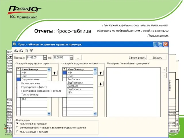 Отчеты: Кросс-таблица Универсальный отчёт «Кросс-таблица» позволяет пользователю получить отчёт практически в любых