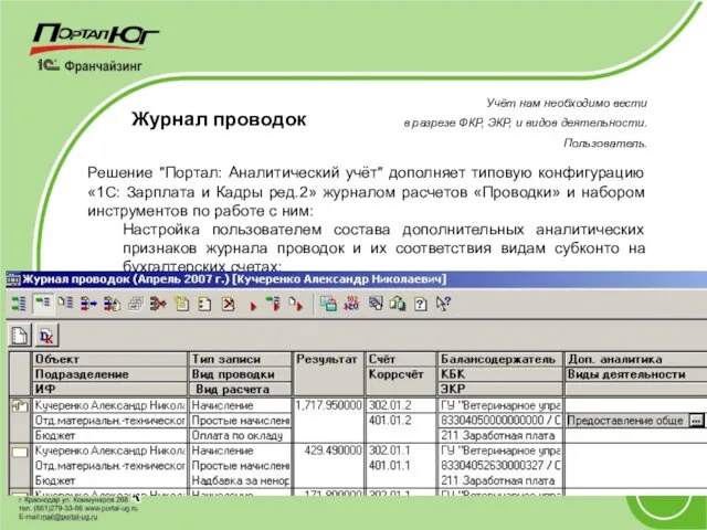 Журнал проводок Решение "Портал: Аналитический учёт" дополняет типовую конфигурацию «1С: Зарплата и