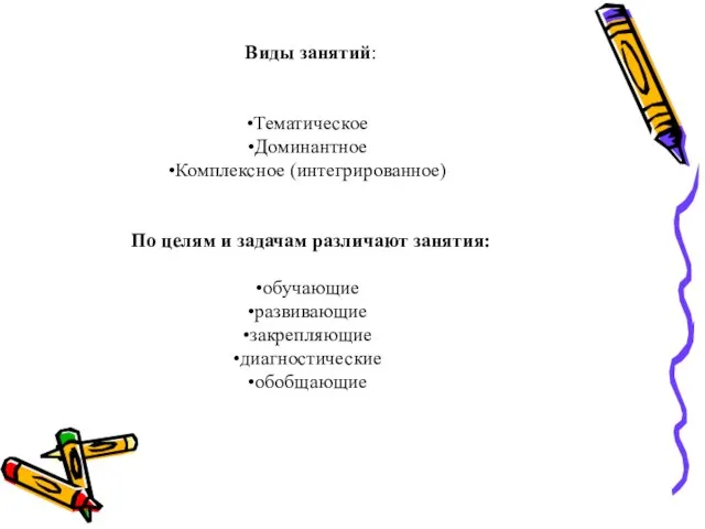 Виды занятий: Тематическое Доминантное Комплексное (интегрированное) По целям и задачам различают занятия: