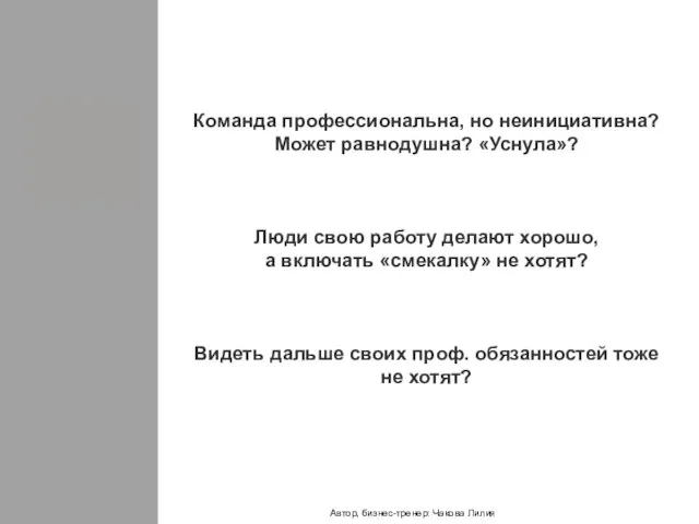 Команда профессиональна, но неинициативна? Может равнодушна? «Уснула»? Люди свою работу делают хорошо,