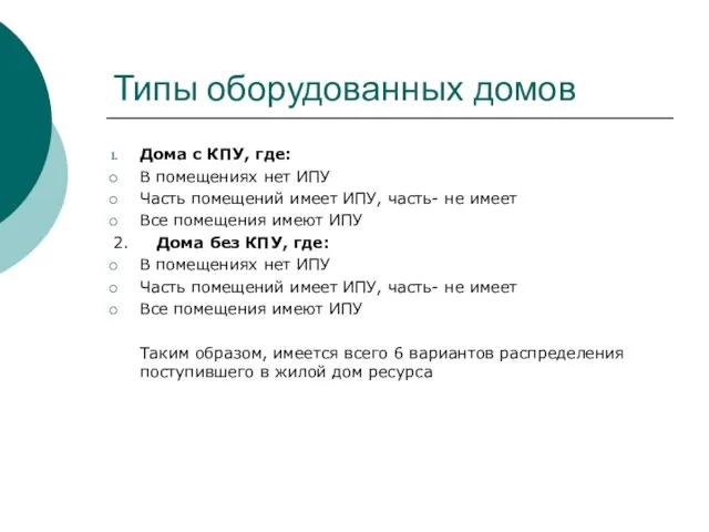 Типы оборудованных домов Дома с КПУ, где: В помещениях нет ИПУ Часть