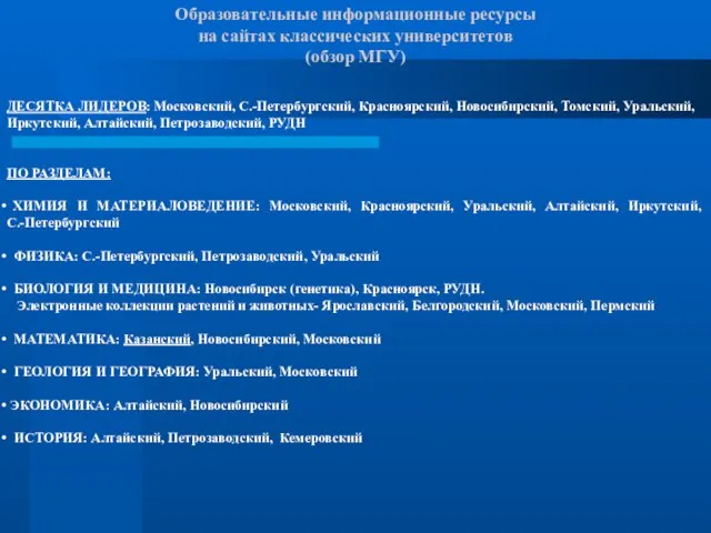 Образовательные информационные ресурсы на сайтах классических университетов (обзор МГУ) ДЕСЯТКА ЛИДЕРОВ: Московский,