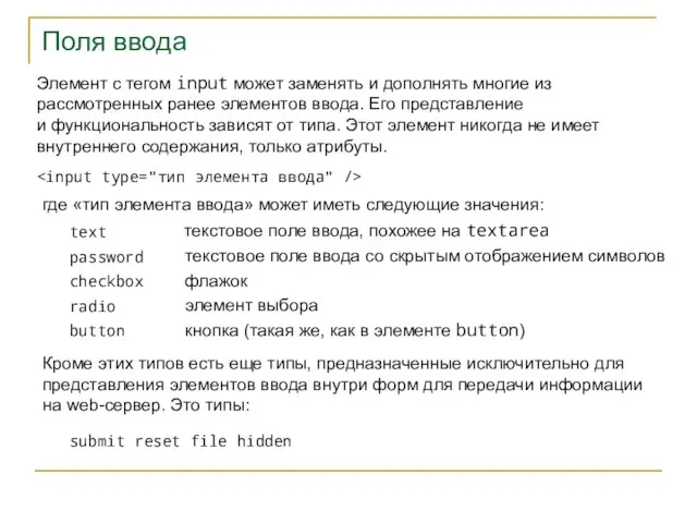 Поля ввода Элемент с тегом input может заменять и дополнять многие из