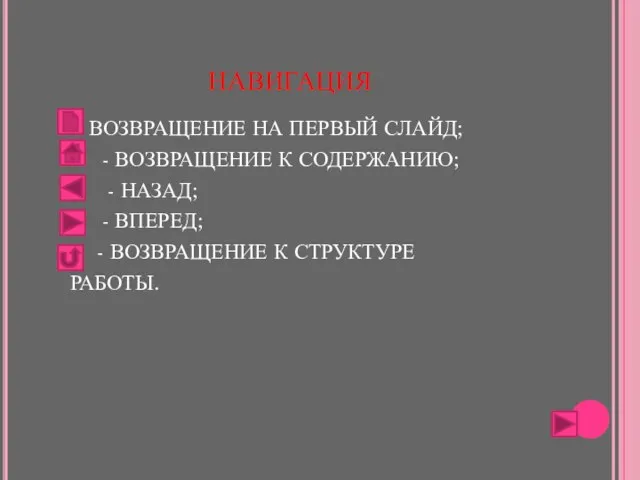 НАВИГАЦИЯ - ВОЗВРАЩЕНИЕ НА ПЕРВЫЙ СЛАЙД; - - ВОЗВРАЩЕНИЕ К СОДЕРЖАНИЮ; -