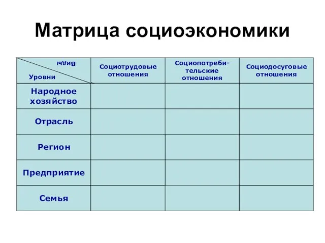 Матрица социоэкономики Социотрудовые отношения Социопотреби- тельские отношения Социодосуговые отношения Народное хозяйство Семья