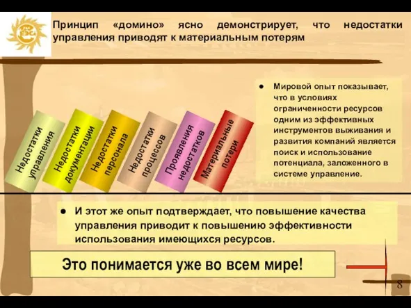 Принцип «домино» ясно демонстрирует, что недостатки управления приводят к материальным потерям Недостатки