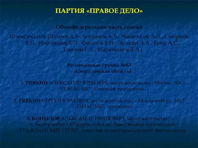 Общефедеральная часть списка 10 кандидатов (Дунаев А.В., Богданов А.В., Чакветадзе А.Д., Смирнов