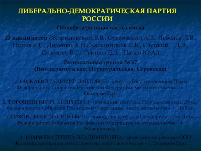 Общефедеральная часть списка 10 кандидатов (Жириновский В.В., Островский А.В., Лебедев И.В., Нилов