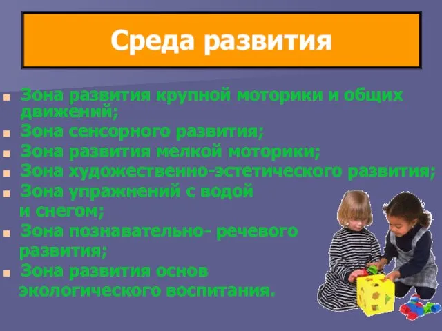 Среда развития Зона развития крупной моторики и общих движений; Зона сенсорного развития;