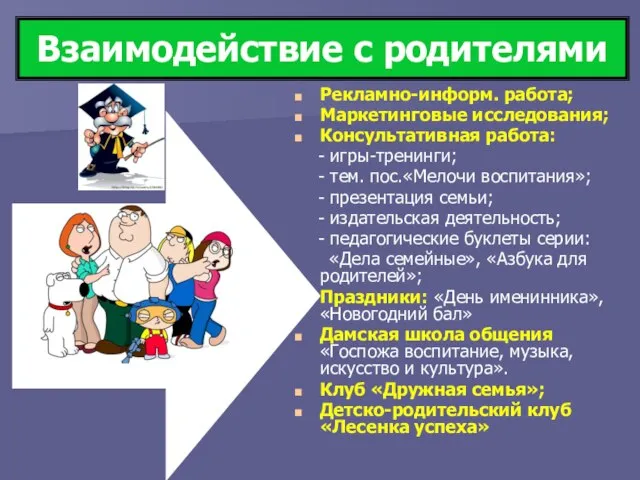 Взаимодействие с родителями Рекламно-информ. работа; Маркетинговые исследования; Консультативная работа: - игры-тренинги; -