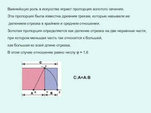 Важнейшую роль в искусстве играет пропорция золотого сечения. Эта пропорция была известна