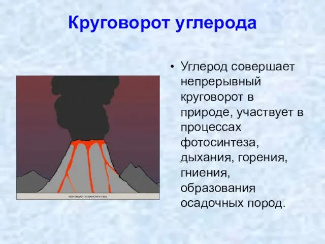 Круговорот углерода Углерод совершает непрерывный круговорот в природе, участвует в процессах фотосинтеза,