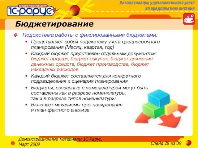 Демонстрационные материалы 1С-Рарус, Март 2009 Бюджетирование Подсистема работы с фиксированными бюджетами: Представляет