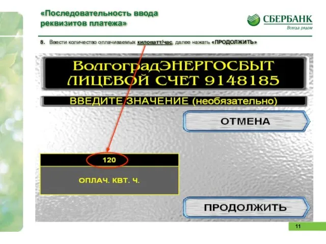 8. Ввести количество оплачиваемых киловатт/час, далее нажать «ПРОДОЛЖИТЬ» «Последовательность ввода реквизитов платежа»