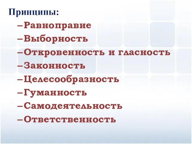 Принципы: Равноправие Выборность Откровенность и гласность Законность Целесообразность Гуманность Самодеятельность Ответственность