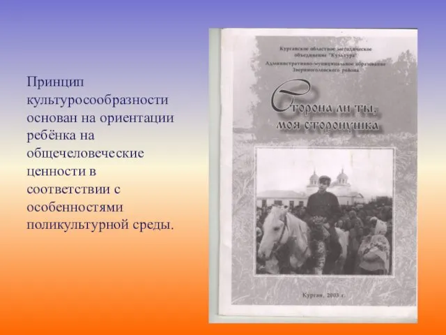 Принцип культуросообразности основан на ориентации ребёнка на общечеловеческие ценности в соответствии с особенностями поликультурной среды.