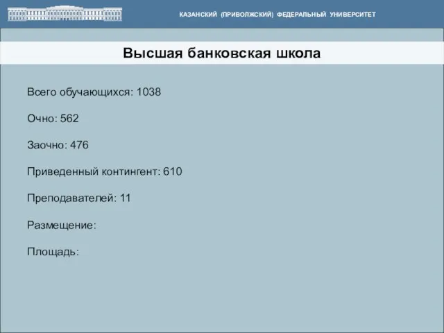 Высшая банковская школа КАЗАНСКИЙ (ПРИВОЛЖСКИЙ) ФЕДЕРАЛЬНЫЙ УНИВЕРСИТЕТ Всего обучающихся: 1038 Очно: 562