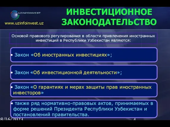 08/16/2023 02:23 AM ИНВЕСТИЦИОННОЕ ЗАКОНОДАТЕЛЬСТВО Закон «Об иностранных инвестициях»; Основой правового регулирования