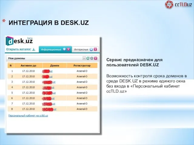 Сервис предназначен для пользователей DESK.UZ Возможность контроля срока доменов в среде DESK.UZ