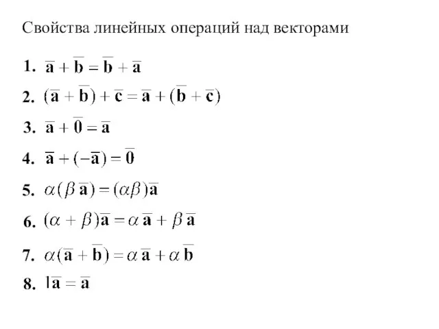 Свойства линейных операций над векторами 4. 1. 2. 8. 7. 6. 5. 3.