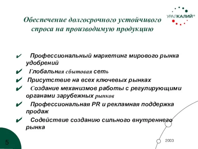 Обеспечение долгосрочного устойчивого спроса на производимую продукцию Профессиональный маркетинг мирового рынка удобрений