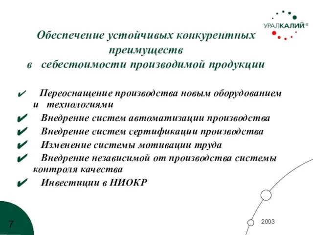 Обеспечение устойчивых конкурентных преимуществ в себестоимости производимой продукции Переоснащение производства новым оборудованием