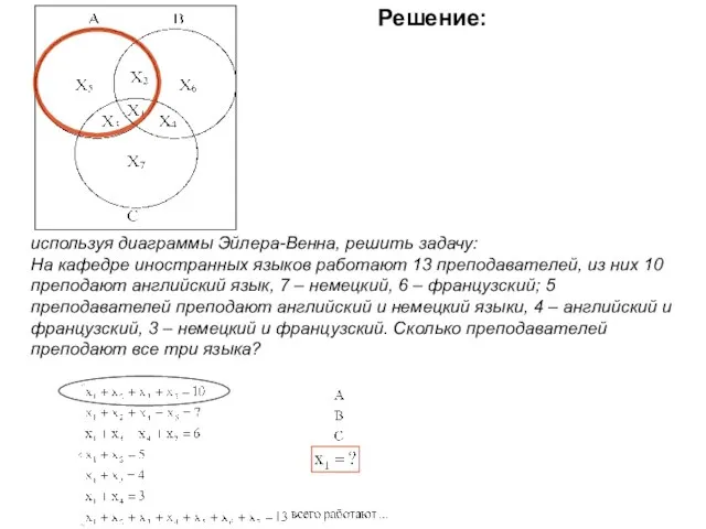 используя диаграммы Эйлера-Венна, решить задачу: На кафедре иностранных языков работают 13 преподавателей,