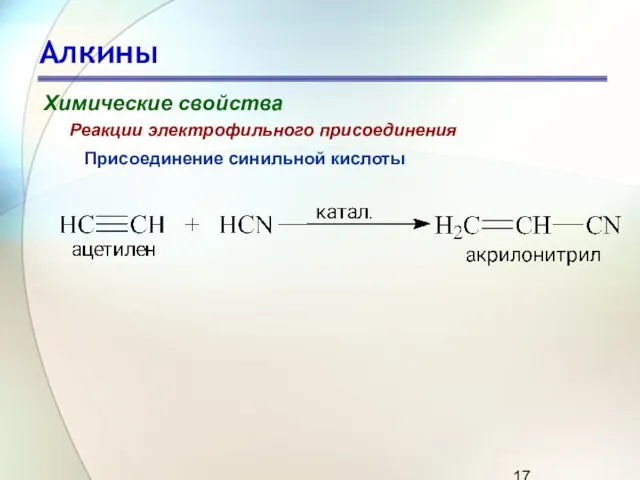 Алкины Химические свойства Присоединение синильной кислоты Реакции электрофильного присоединения
