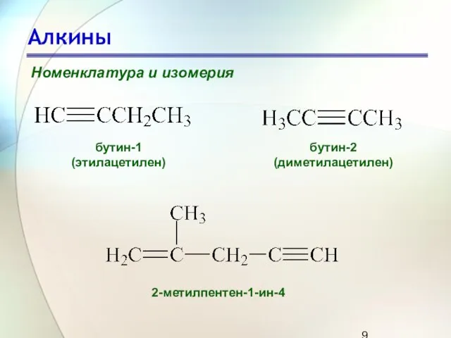 Алкины Номенклатура и изомерия бутин-1 (этилацетилен) бутин-2 (диметилацетилен) 2-метилпентен-1-ин-4