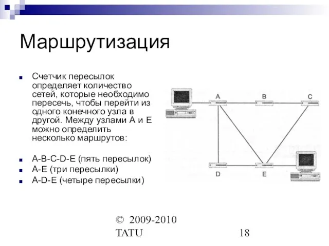 © 2009-2010 TATU Маршрутизация Счетчик пересылок определяет количество сетей, которые необходимо пересечь,