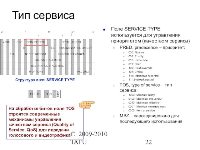 © 2009-2010 TATU Тип сервиса Поле SERVICE TYPE используется для управления приоритетом