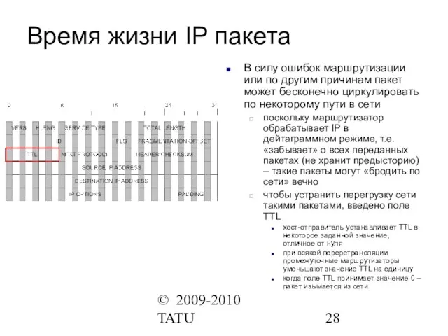 © 2009-2010 TATU Время жизни IP пакета В силу ошибок маршрутизации или