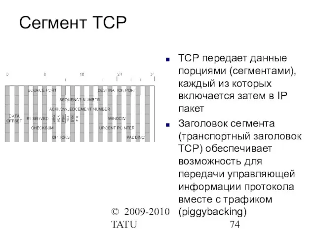 © 2009-2010 TATU Сегмент TCP ТСР передает данные порциями (сегментами), каждый из